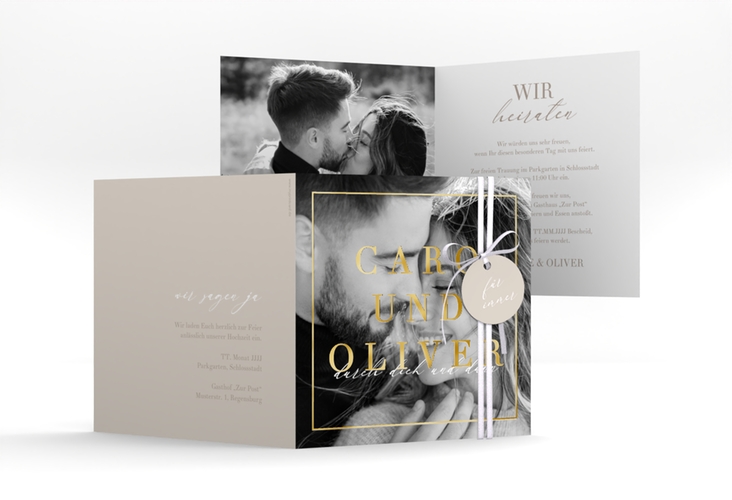 Hochzeitseinladung Moment quadr. Klappkarte beige gold
