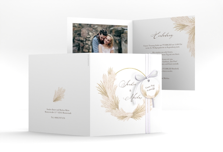 Hochzeitseinladung Pumila quadr. Klappkarte weiss gold