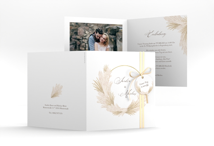 Hochzeitseinladung Pumila quadr. Klappkarte weiss gold