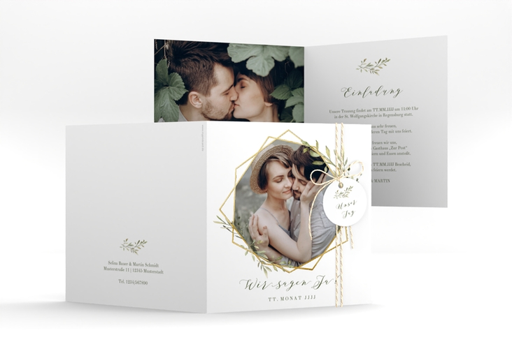 Hochzeitseinladung Acacia quadr. Klappkarte weiss gold