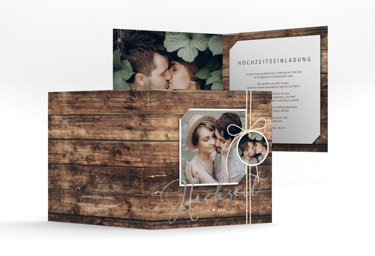 Hochzeitseinladung Rustic quadr. Klappkarte braun silber in Holz-Optik mit Foto