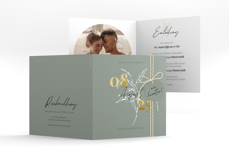 Hochzeitseinladung Seed quadr. Klappkarte gruen gold mit Pflanzen-Illustration und elegantem Datum