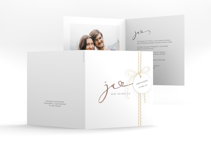 Hochzeitseinladung Jawort quadr. Klappkarte weiss rosegold modern minimalistisch mit veredelter Aufschrift