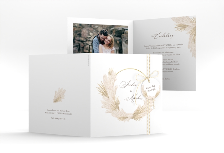Hochzeitseinladung Pumila quadr. Klappkarte weiss gold
