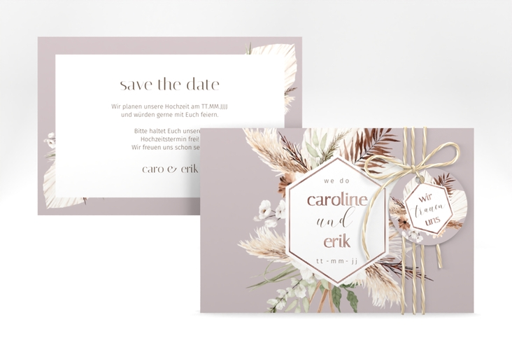 Save the Date-Karte Bohemian A6 Karte quer flieder rosegold