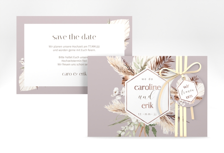 Save the Date-Karte Bohemian A6 Karte quer flieder rosegold