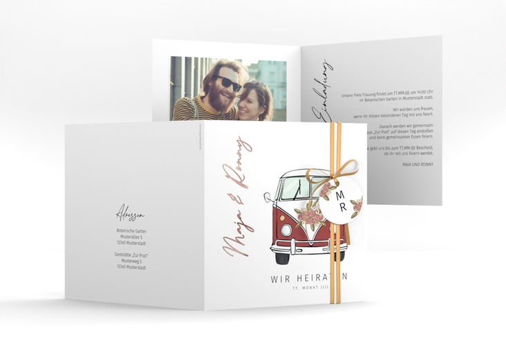 Hochzeitseinladung Hochzeitsbulli quadr. Klappkarte rot rosegold