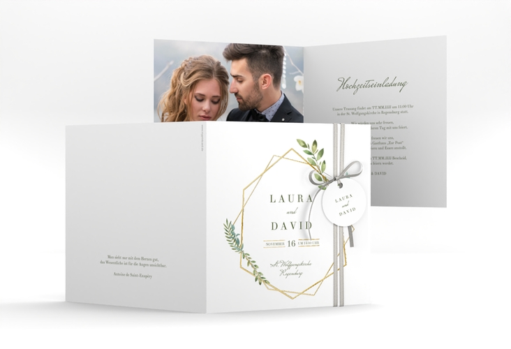 Hochzeitseinladung Herbarium quadr. Klappkarte gold gold mit geometrischem Rahmen und Blätter-Dekor