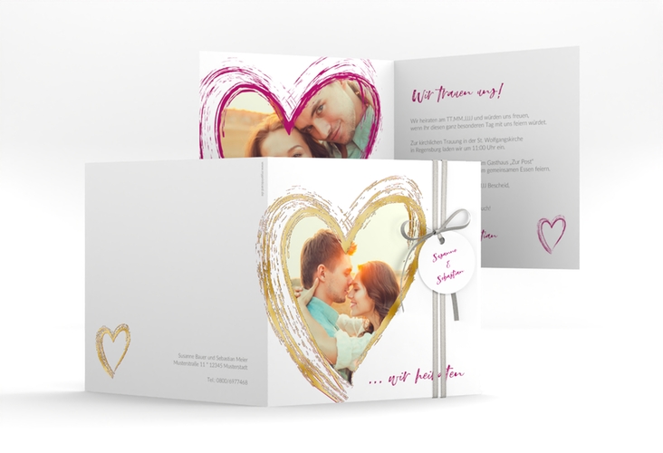 Hochzeitseinladung Liebe quadr. Klappkarte pink gold