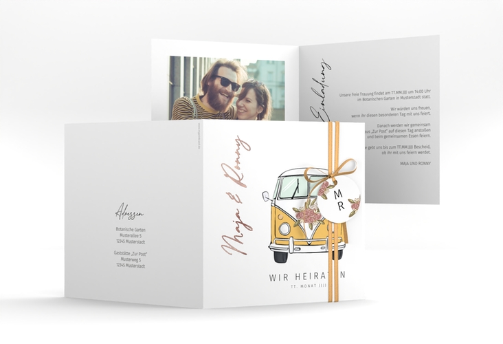 Hochzeitseinladung Hochzeitsbulli quadr. Klappkarte gelb rosegold