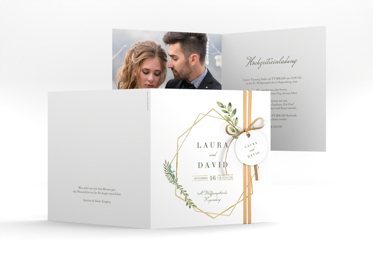Hochzeitseinladung Herbarium quadr. Klappkarte gold gold mit geometrischem Rahmen und Blätter-Dekor