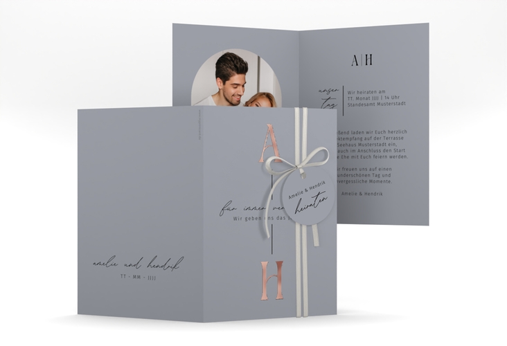 Einladungskarte Hochzeit Lebensbund A6 Klappkarte hoch rosegold mit veredelbaren Initialen