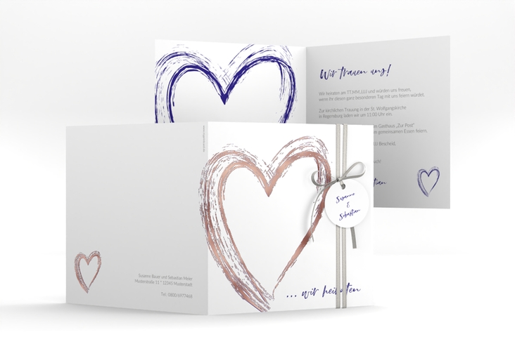 Hochzeitseinladung Liebe quadr. Klappkarte blau rosegold