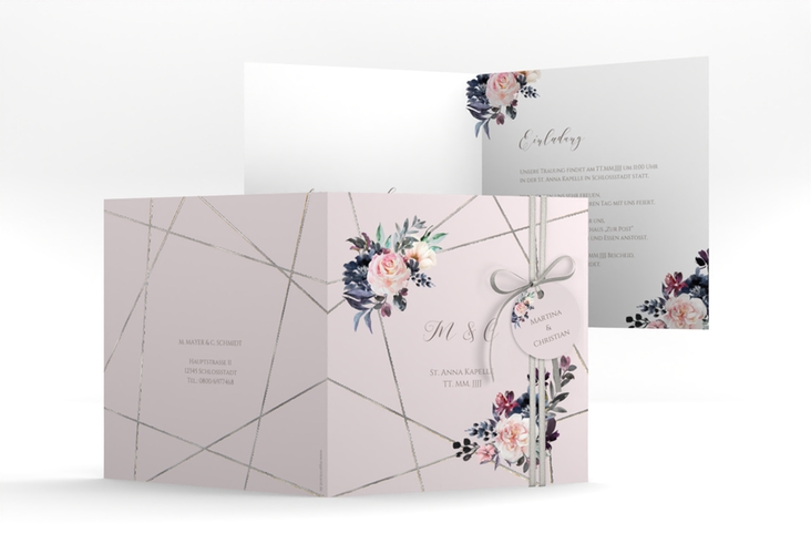 Hochzeitseinladung Azalie quadr. Klappkarte rosa silber