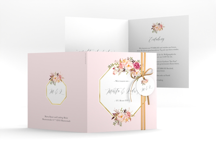 Hochzeitseinladung Prachtvoll quadr. Klappkarte rosa gold