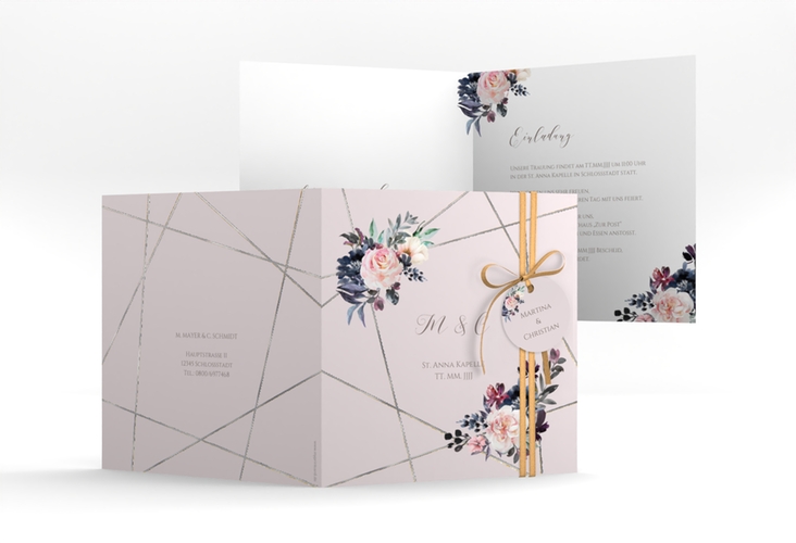 Hochzeitseinladung Azalie quadr. Klappkarte rosa silber