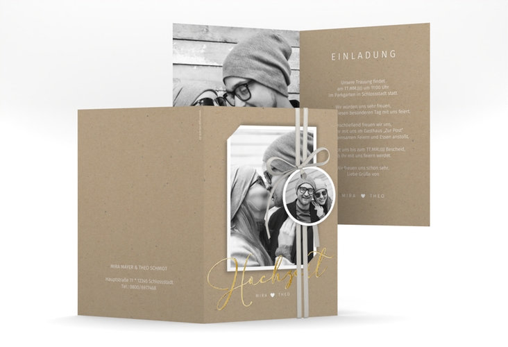 Einladungskarte Hochzeit Crafty A6 Klappkarte hoch gold mit Foto des Brautpaars