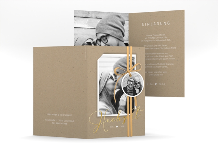 Einladungskarte Hochzeit Crafty A6 Klappkarte hoch gold mit Foto des Brautpaars