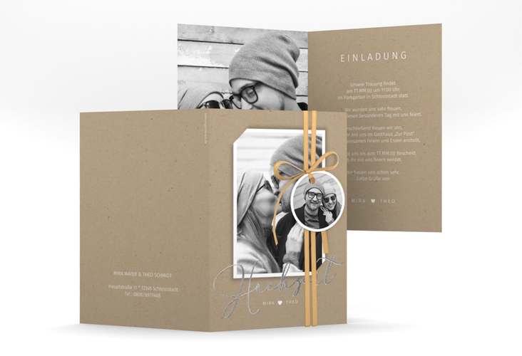 Einladungskarte Hochzeit Crafty A6 Klappkarte hoch silber mit Foto des Brautpaars
