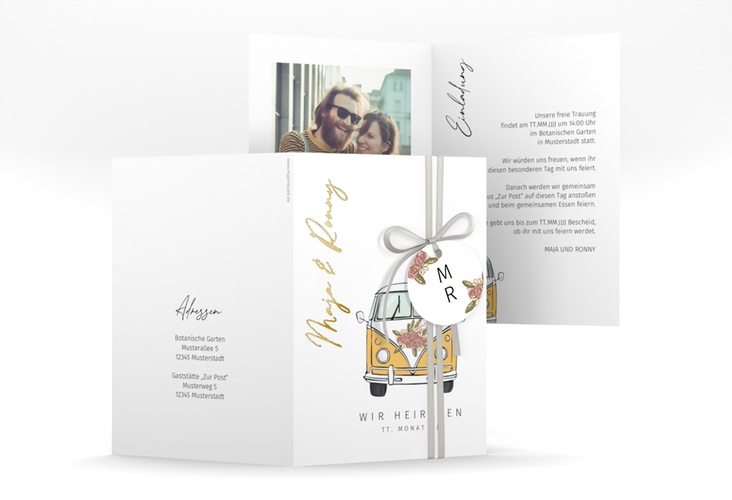 Einladungskarte Hochzeit Hochzeitsbulli A6 Klappkarte hoch gold mit Gräsern und Trockenblumen für Boho-Hochzeit