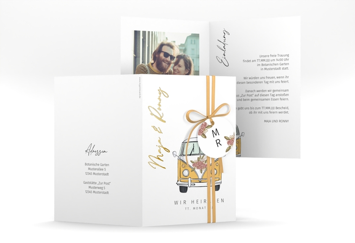 Einladungskarte Hochzeit Hochzeitsbulli A6 Klappkarte hoch gold mit Gräsern und Trockenblumen für Boho-Hochzeit
