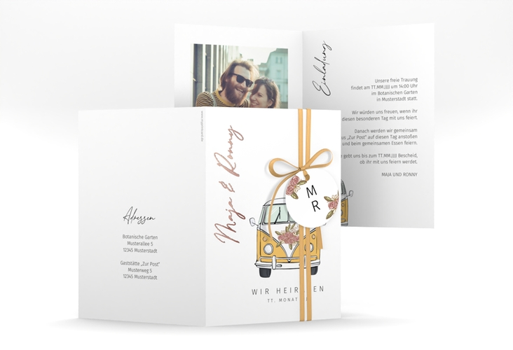 Einladungskarte Hochzeit Hochzeitsbulli A6 Klappkarte hoch rosegold mit Gräsern und Trockenblumen für Boho-Hochzeit