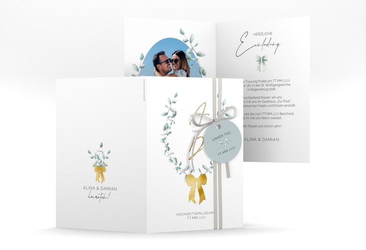Einladungskarte Hochzeit Eucalypt Bow A6 Klappkarte hoch gold