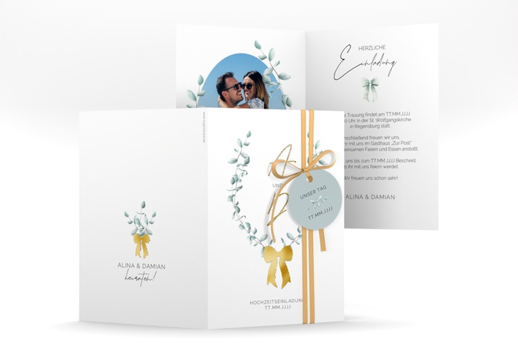 Einladungskarte Hochzeit Eucalypt Bow A6 Klappkarte hoch gold