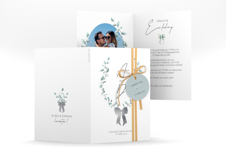 Einladungskarte Hochzeit Eucalypt Bow A6 Klappkarte hoch silber