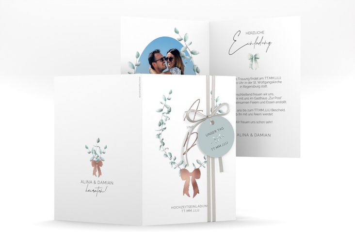 Einladungskarte Hochzeit Eucalypt Bow A6 Klappkarte hoch rosegold