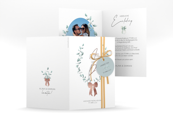 Einladungskarte Hochzeit Eucalypt Bow A6 Klappkarte hoch rosegold