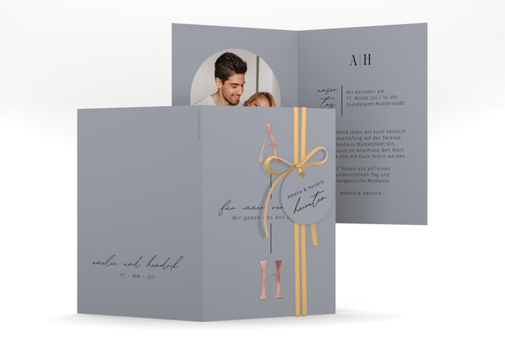 Einladungskarte Hochzeit Lebensbund A6 Klappkarte hoch rosegold mit veredelbaren Initialen