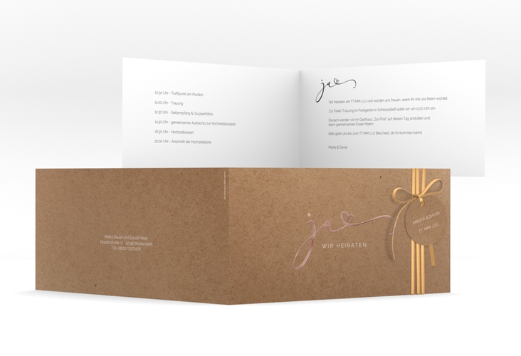 Hochzeitseinladung Jawort lange Klappkarte quer rosegold modern minimalistisch mit veredelter Aufschrift