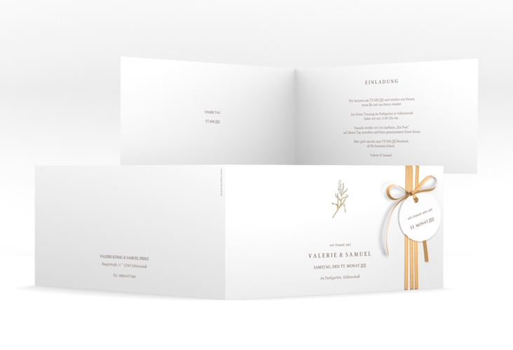 Hochzeitseinladung Ivy lange Klappkarte quer gold minimalistisch mit kleiner botanischer Illustration