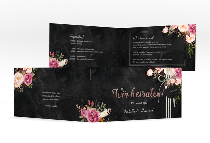 Hochzeitseinladung Flowers lange Klappkarte quer rosegold mit bunten Aquarell-Blumen