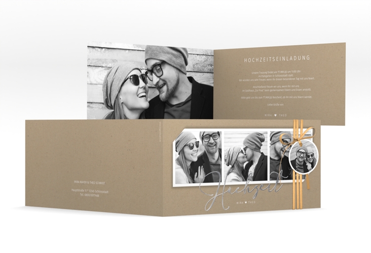 Hochzeitseinladung Crafty lange Klappkarte quer silber mit drei Fotos