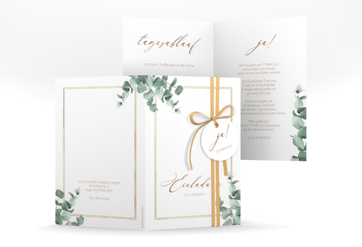 Einladungskarte Hochzeit Eucalypt A6 Klappkarte hoch gold mit Eukalyptus und edlem Rahmen