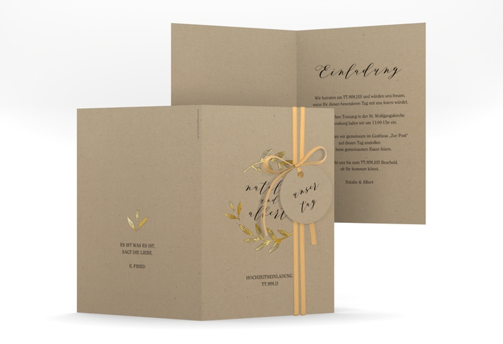 Einladungskarte Hochzeit Naturelove A6 Klappkarte hoch gold