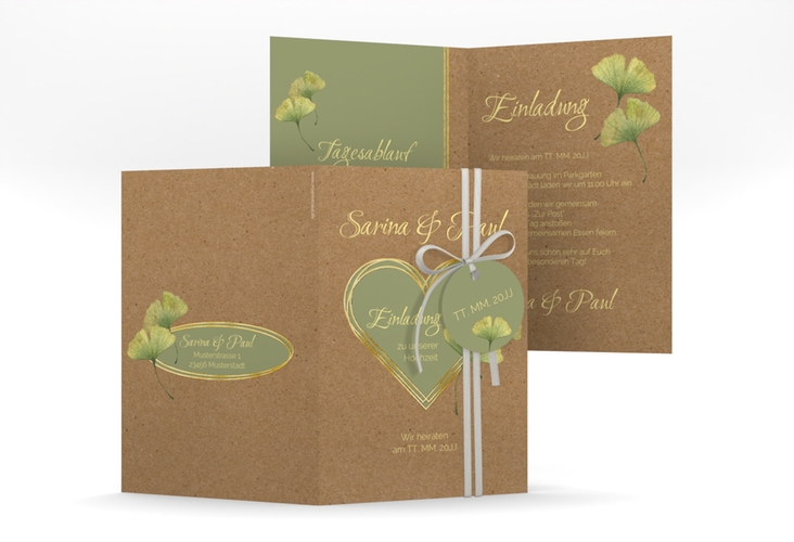 Einladungskarte Hochzeit Ginko A6 Klappkarte hoch gold mit Herz und zwei Ginkgo-Blättern