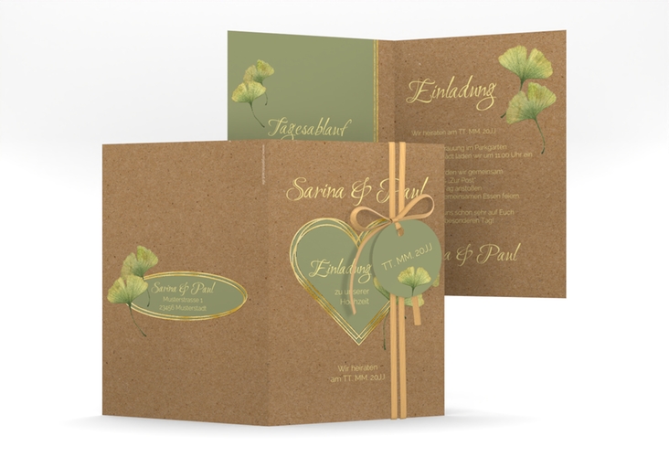 Einladungskarte Hochzeit Ginko A6 Klappkarte hoch gold mit Herz und zwei Ginkgo-Blättern