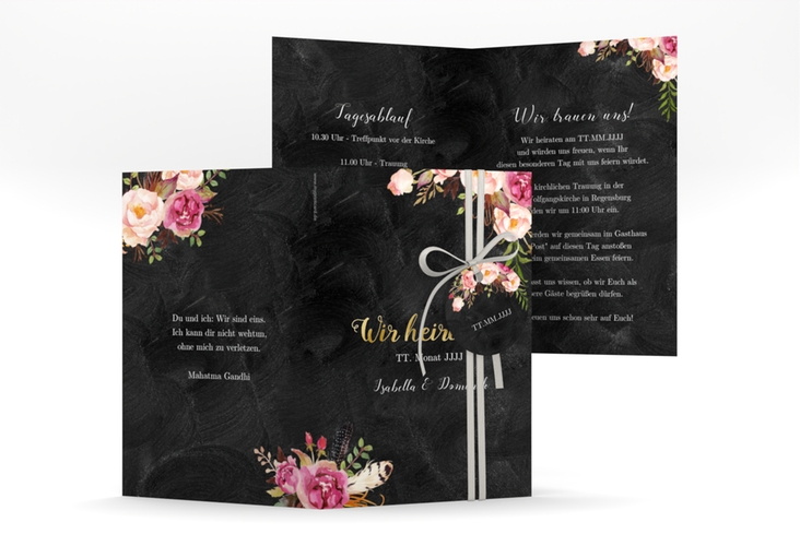 Einladungskarte Hochzeit Flowers A6 Klappkarte hoch gold mit bunten Aquarell-Blumen