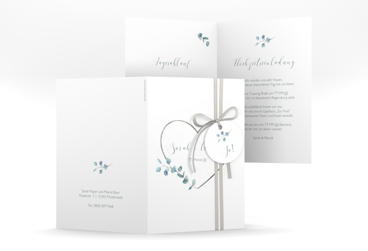 Einladungskarte Hochzeit Greenheart A6 Klappkarte hoch silber mit elegantem Herz und Eukalyptus-Zweig