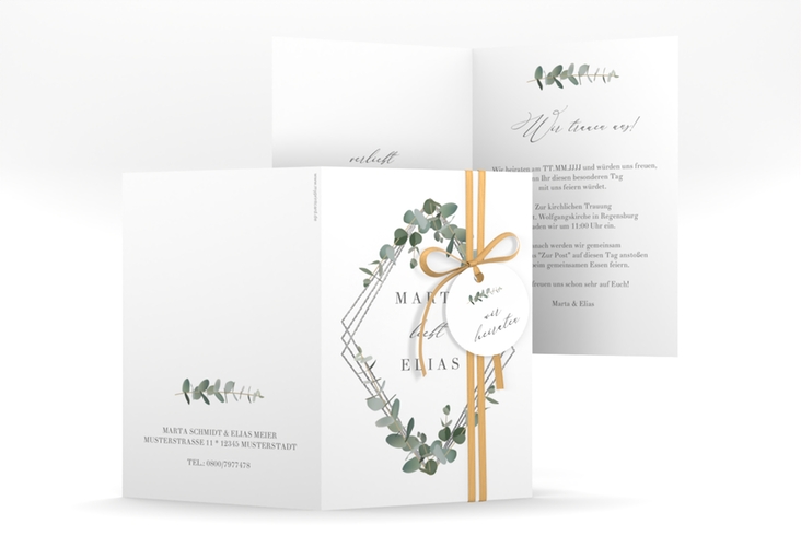 Einladungskarte Hochzeit Eukalyptus A6 Klappkarte hoch silber