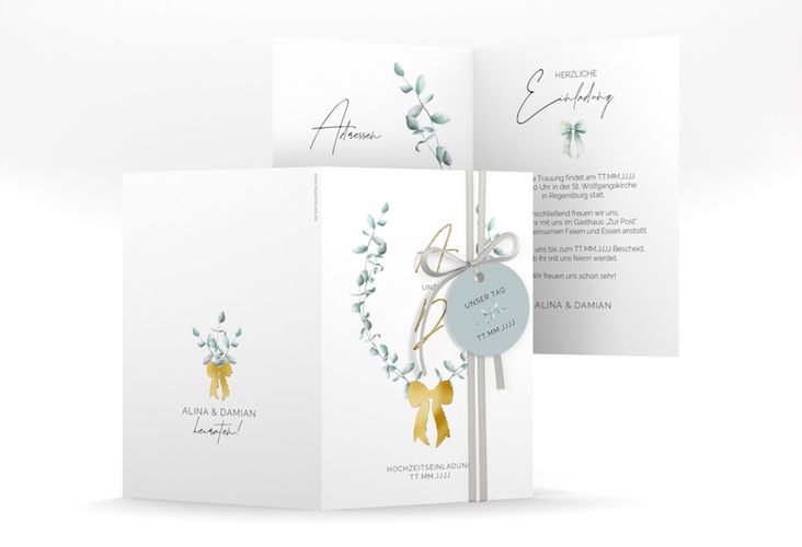 Einladungskarte Hochzeit Eucalypt Bow A6 Klappkarte hoch gold