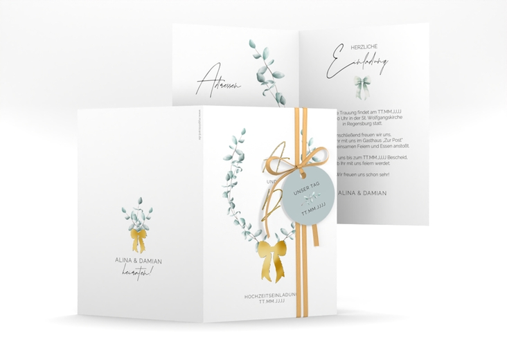Einladungskarte Hochzeit Eucalypt Bow A6 Klappkarte hoch gold