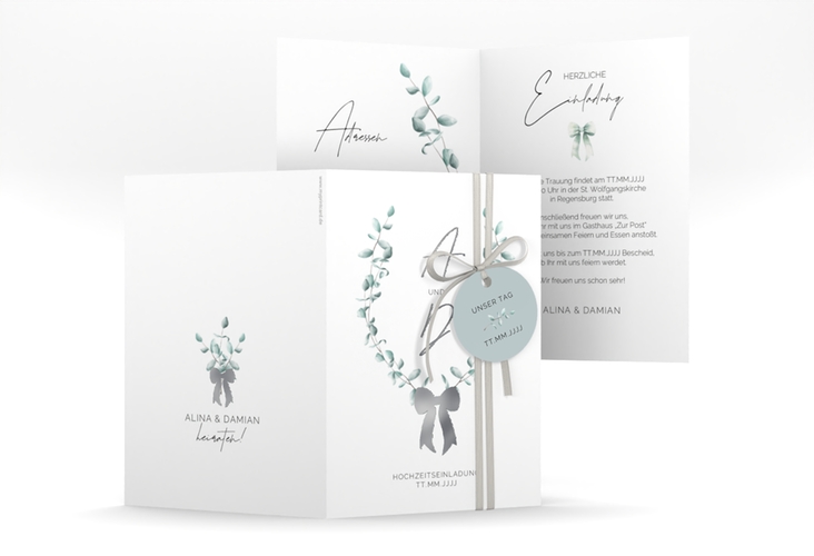 Einladungskarte Hochzeit Eucalypt Bow A6 Klappkarte hoch silber