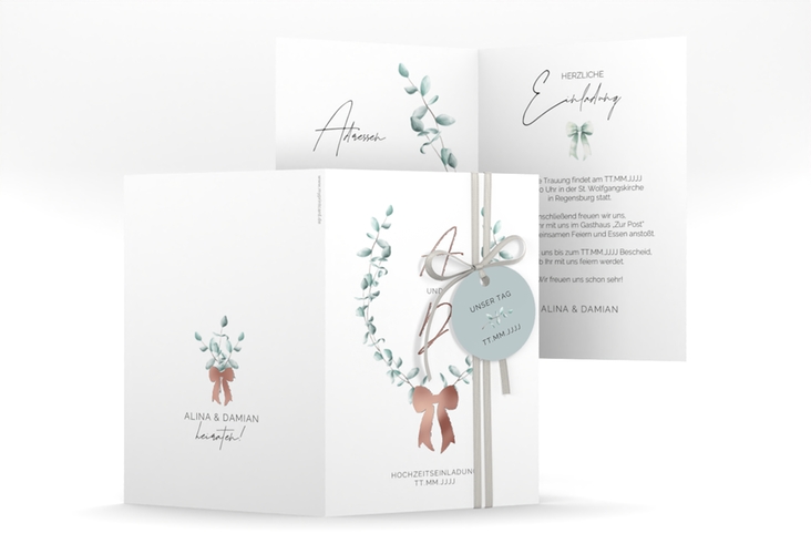 Einladungskarte Hochzeit Eucalypt Bow A6 Klappkarte hoch rosegold