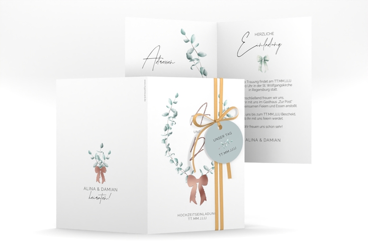 Einladungskarte Hochzeit Eucalypt Bow A6 Klappkarte hoch rosegold