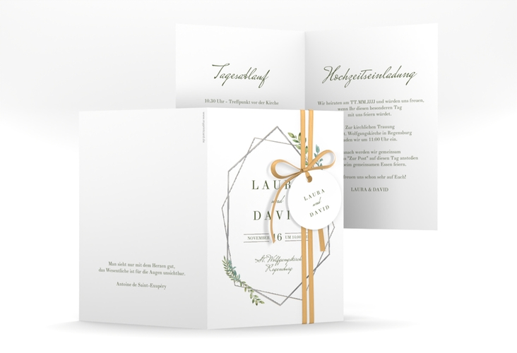 Einladungskarte Hochzeit Herbarium A6 Klappkarte hoch silber mit geometrischem Rahmen und Blätter-Dekor