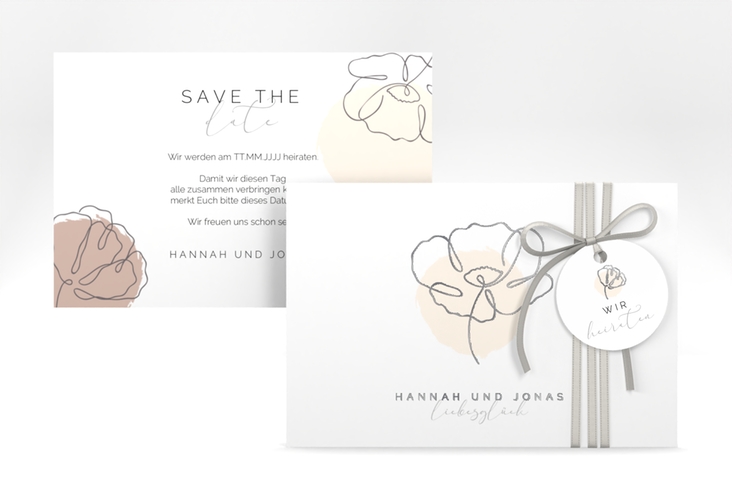 Save the Date-Karte Flowerline A6 Karte quer apricot silber